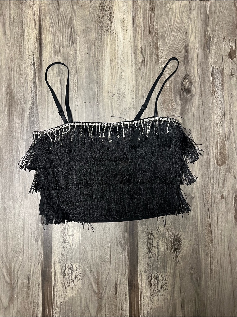 Beaded Fringe Black Women's Crop Top